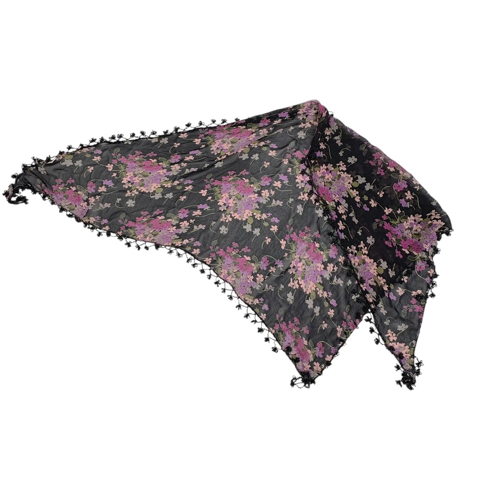 Sheer Floral Scarf Black‎ Pink Purple Beaded Tassel Trim Scarf Women's Accessory